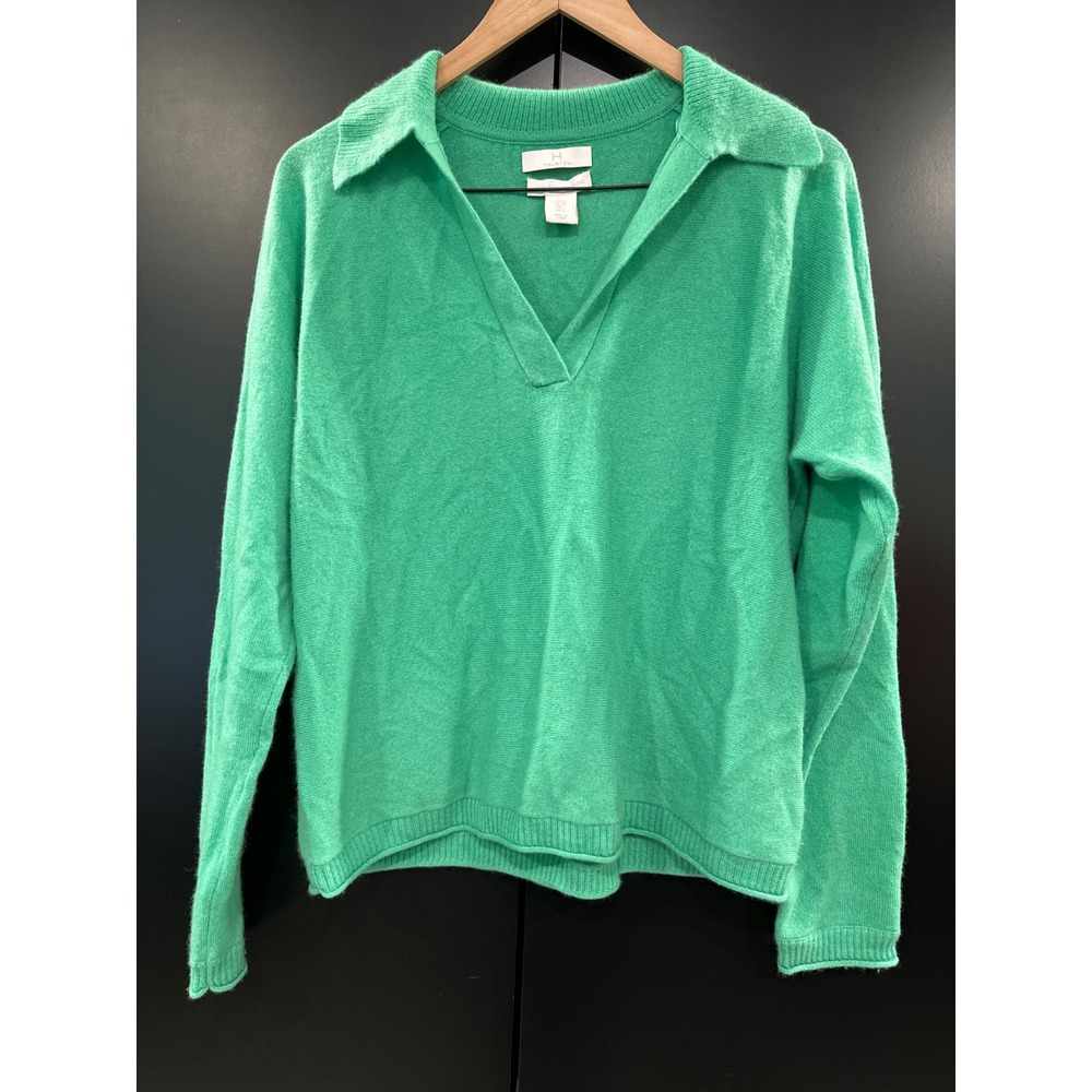 H by Halston Womens 100% 2-Ply Cashmere V-Neck‎ Polo Sweater Green Size Large